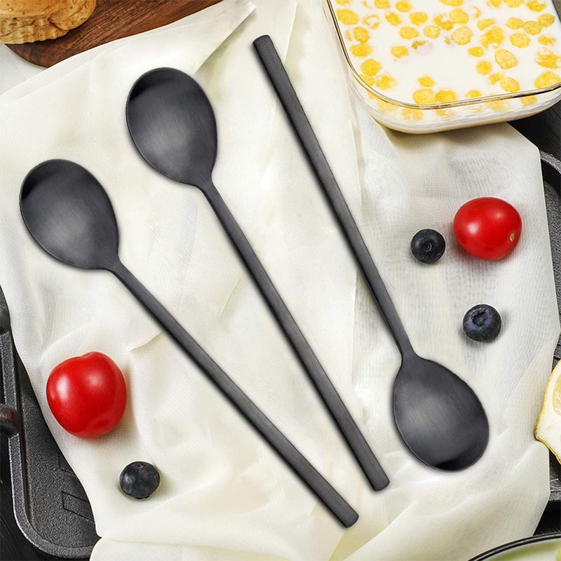 IQCWOOD Soup Spoon, Korean Spoons, 8 Pieces Stainless Steel Asian Soup Spoon,8.5 Inch Long Handle Korean Dinner Ramen Spoons for Home Kitchen or Restaurant (Black) - Image 3